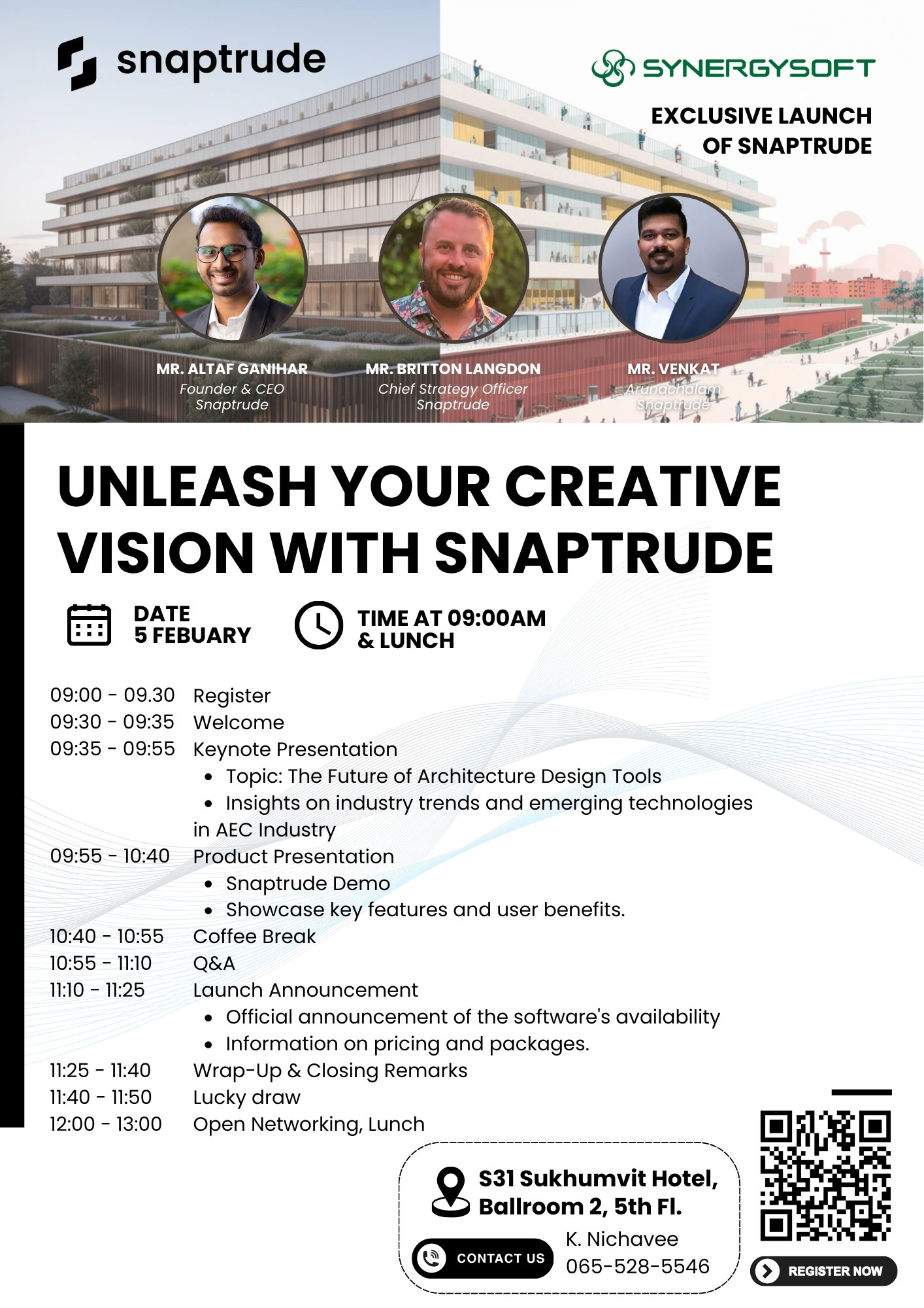 ขอเชิญท่านร่วมงานสัมมนาพิเศษเพื่อสัมผัสประสบการณ์กับ Snaptrude ซอฟต์แวร์ออกแบบ 3D ที่ใช้งานง่ายในไม่กี่คลิก ผู้ช่วยใหม่ที่ทรงพลังสำหรับสถาปนิก 