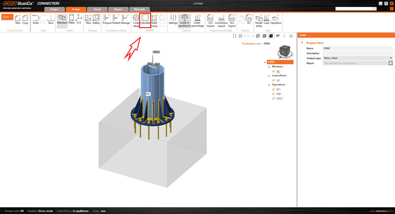 สร้างโมเดลจุดยึดใน Connection ตาม Eurocode และคลิกปุ่ม "Calculate" 