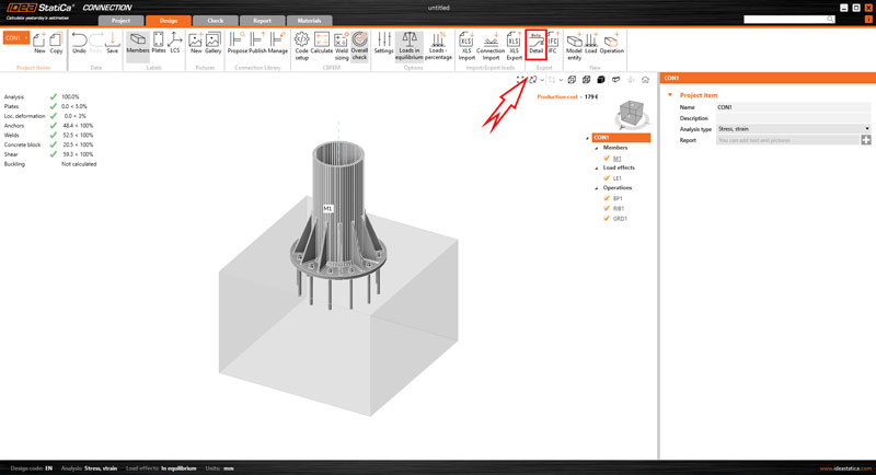 เมื่อมีผลลัพธ์ปรากฏขึ้น การส่งออก "footing" (ในที่นี้คือ anchoring) จะเปิดใช้งาน คลิกปุ่ม "Detail" บน Ribbon 
